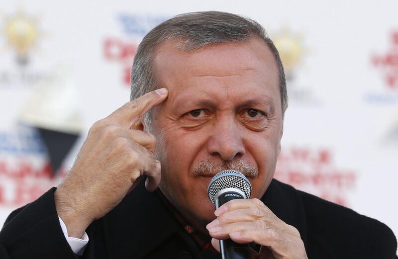 Turkish Prime Minister Recep Tayyip Erdogan speaks during an election rally in Istanbul on March 29. Murad Sezer / Reuters