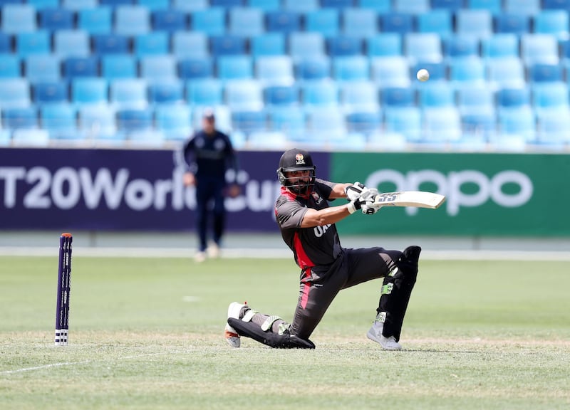 Dubai, United Arab Emirates - October 14, 2019: The UAE's Rameez Shahzad bats during the ICC Mens T20 World cup qualifier warm up game between the UAE and Scotland. Monday the 14th of October 2019. International Cricket Stadium, Dubai. Chris Whiteoak / The National