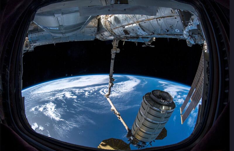 In this image provided by NASA, a commercial shipment arrives at the International Space Station on Monday, Nov. 19, 2018. Astronaut Serena Aunon-Chancellor used the space stationâ€™s robot arm to grab Northrop Grummanâ€™s capsule. Itâ€™s named after Apollo 16 moonwalker and the first space shuttle commander John Young, who died in January. (Alexander Gerst/European Space Agency, NASA via AP)