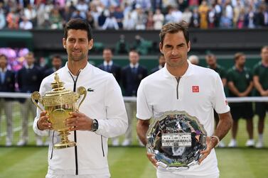 Novak Djokovic, left, beat Roger Federer in an epic Wimbledon final in 2019. The pair meet again in the Australian Open semi-finals on Thursday. AFP