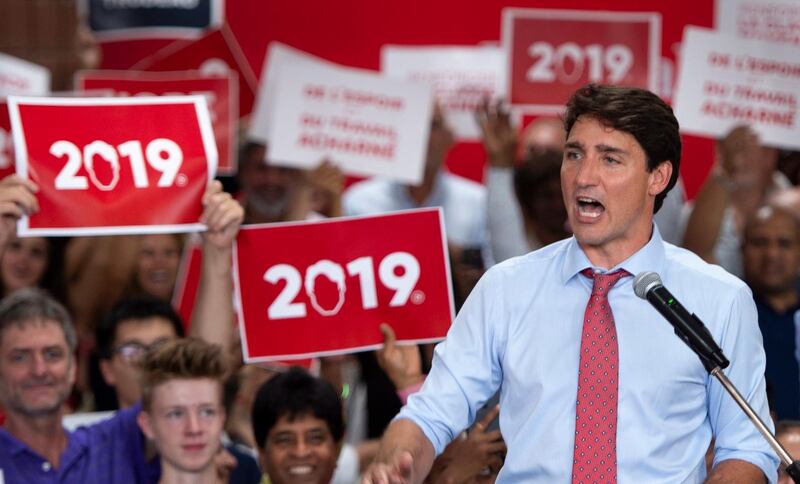 Prime Minister Justin Trudeau addresses supporters during his nomination meeting in Montreal on Sunday, August 19, 2018.  (Paul Chiasson/The Canadian Press via AP)
