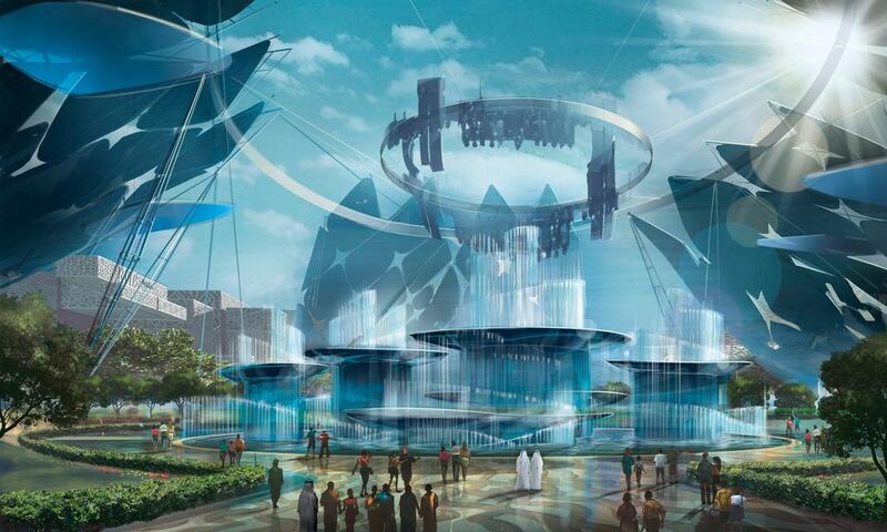 Artist's impression of Al Wasl Plaza - Oasis Fountain Day - one of the areas of the proposed Expo 2020 site. Courtesy Dubai Expo 2020