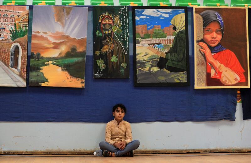 Paintings at an art exhibition in the Houthi-held capital of Yemen, Sanaa. AFP