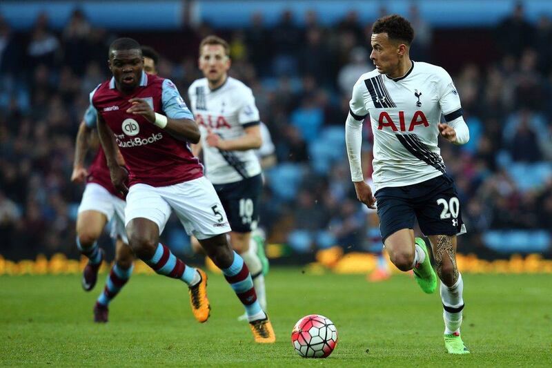 Aston Villa’s Jores Okore (left) vies for the ball against Tottenham Hotspur’s Dele Alli (right) during the Premier League match between Aston Villa and Tottenham Hotspur at The Villa Park Stadium in Birmingham, Britain, 13 March 2016. EPA/TIM KEETON