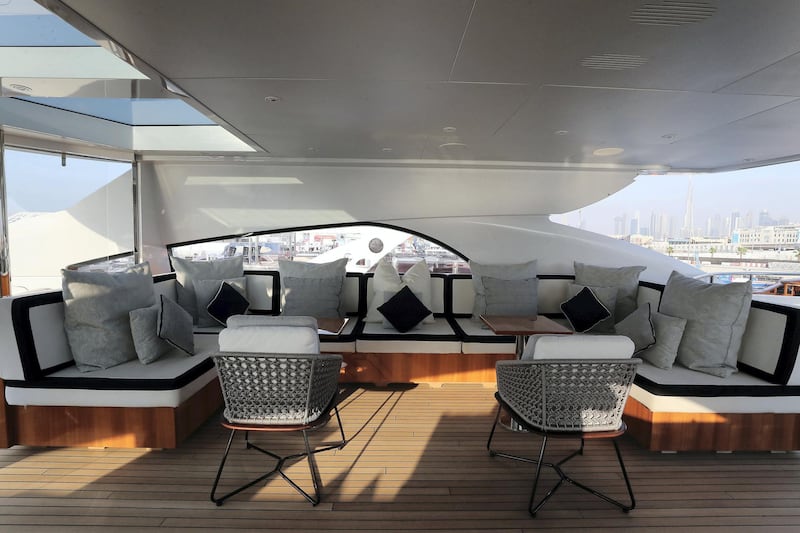 DUBAI , UNITED ARAB EMIRATES , February 26 – 2019 :- Upper deck of the Rocket Yacht which is on display at the Dubai International Boat Show held in Dubai. ( Pawan Singh / The National ) For Lifestyle. Story by Sophie