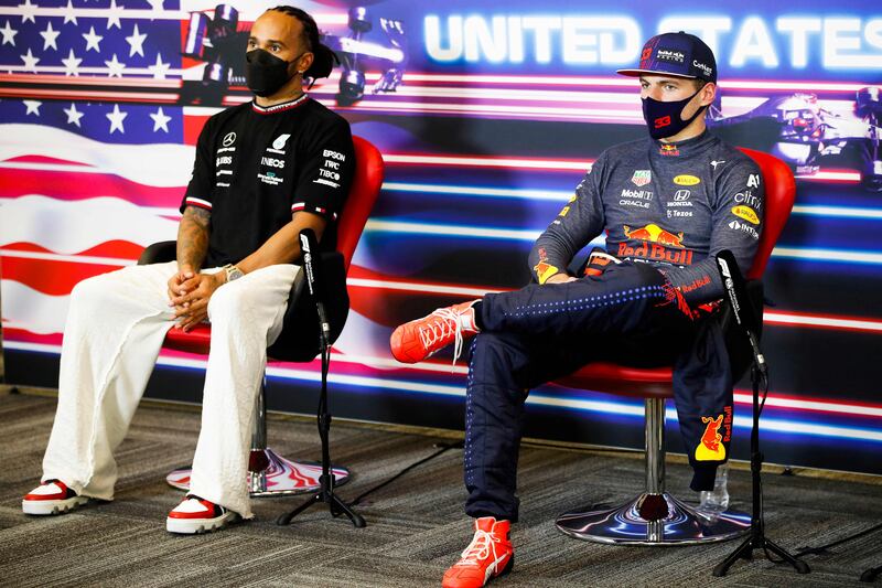 Lewis Hamilton and Max Verstappen after the race. AFP