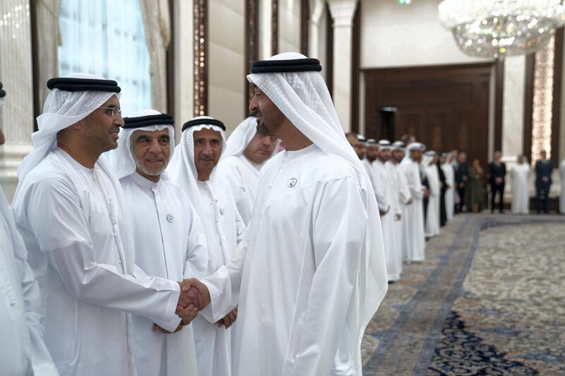 ABU DHABI, UNITED ARAB EMIRATES - May 21, 2019: HH Sheikh Mohamed bin Zayed Al Nahyan, Crown Prince of Abu Dhabi and Deputy Supreme Commander of the UAE Armed Forces (R), receives Special Olympics sponsors during an iftar reception at Al Bateen Palace.

( Eissa Al Hammadi for the Ministry of Presidential Affairs )
---