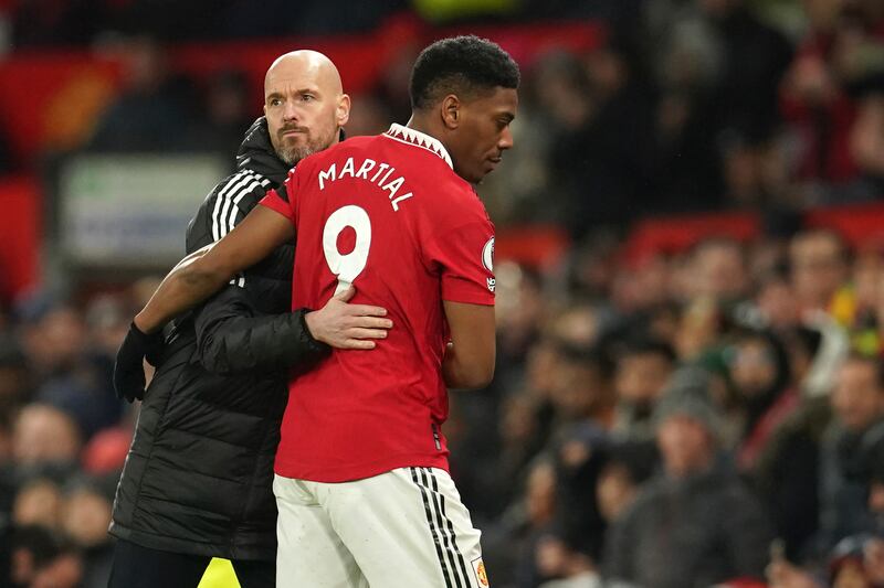 Manchester United coach Erik ten Hag greets Anthony Martial as he is substituted. AP