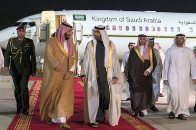 ABU DHABI, UNITED ARAB EMIRATES - November 22, 2018: HH Sheikh Mohamed bin Zayed Al Nahyan, Crown Prince of Abu Dhabi and Deputy Supreme Commander of the UAE Armed Forces (3rd L), receives HRH Prince Mohamed bin Salman bin Abdulaziz, Crown Prince, Deputy Prime Minister and Minister of Defence of Saudi Arabia (2nd L), during a reception held at the Presidential Airport.

( Mohamed Al Hammadi / Ministry of Presidential Affairs )
---