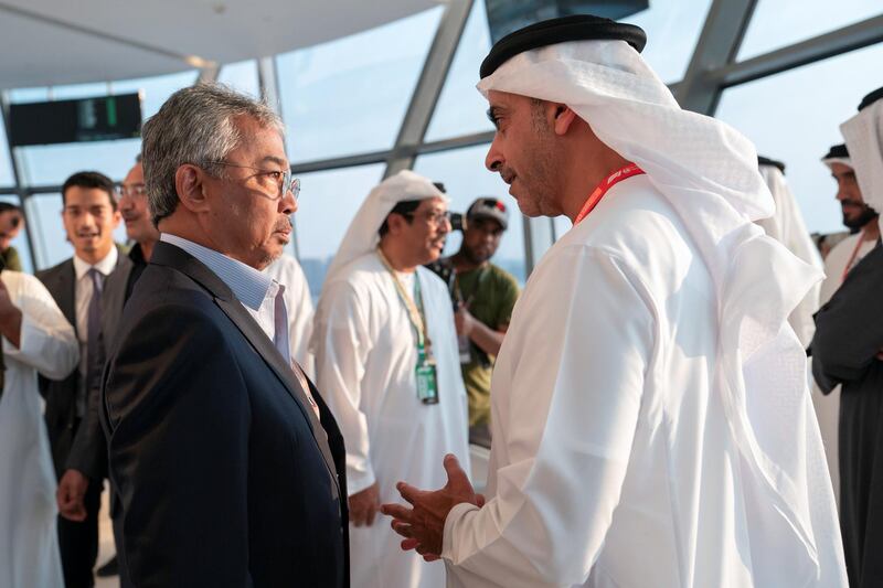 YAS ISLAND, ABU DHABI, UNITED ARAB EMIRATES - December 01, 2019: (L-R) HM King Abdullah Ri’ayatuddin Al-Mustafa Billah Shah of Malaysia and HH Lt General Sheikh Saif bin Zayed Al Nahyan, UAE Deputy Prime Minister and Minister of Interior, attend the final day of the 2019 Formula 1 Etihad Airways Abu Dhabi Grand Prix, at Shams Tower.

( Ryan Carter for the Ministry of Presidential Affairs )
---