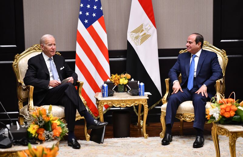 US President Joe Biden discussed the issue of human rights with Egyptian President Abdel Fattah El Sisi on the sidelines of the Cop27 summit in Sharm El Sheikh, the White House said.  EPA