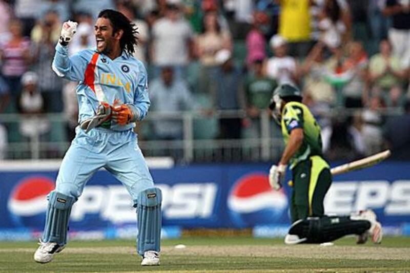 MS Dhoni, left, and India got the better of Pakistan in the Twenty20 World Cup final in 2007 in Johannesburg, South Africa. Hamish Blair / Getty Images