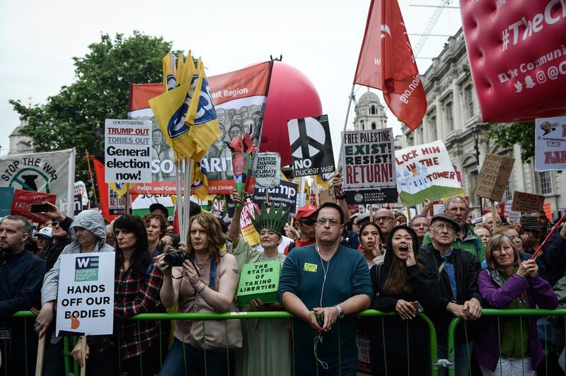 Demonstrators gather to listen to Jeremy Corbyn, leader of the UK opposition Labour party, speak during an anti-Trump demonstration in London. Bloomberg