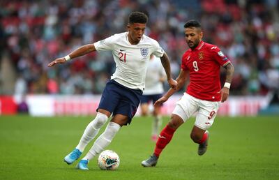 England's Jadon Sancho (left) and Bulgaria's Farias Wanderson (right) battle for the ball during the Euro 2020 Qualifying Group A match at Wembley Stadium, London. PA Photo. Picture date: Saturday September 7, 2019. See PA story SOCCER England. Photo credit should read: Nick Potts/PA Wire. RESTRICTIONS: Use subject to FA restrictions. Editorial use only. Commercial use only with prior written consent of the FA. No editing except cropping.