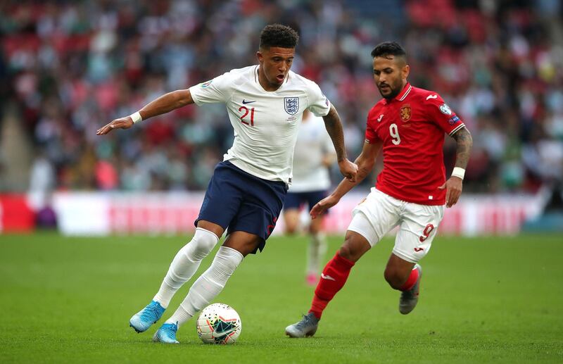 England's Jadon Sancho (left) and Bulgaria's Farias Wanderson (right) battle for the ball during the Euro 2020 Qualifying Group A match at Wembley Stadium, London. PA Photo. Picture date: Saturday September 7, 2019. See PA story SOCCER England. Photo credit should read: Nick Potts/PA Wire. RESTRICTIONS: Use subject to FA restrictions. Editorial use only. Commercial use only with prior written consent of the FA. No editing except cropping.