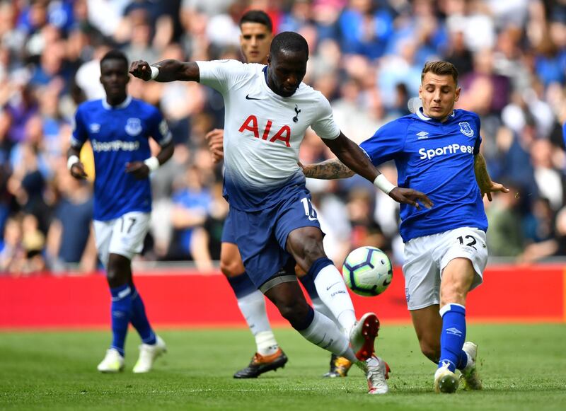 Soccer Football - Premier League - Tottenham Hotspur v Everton - Tottenham Hotspur Stadium, London, Britain - May 12, 2019  Tottenham's Moussa Sissoko in action with Everton's Lucas Digne  REUTERS/Dylan Martinez  EDITORIAL USE ONLY. No use with unauthorized audio, video, data, fixture lists, club/league logos or "live" services. Online in-match use limited to 75 images, no video emulation. No use in betting, games or single club/league/player publications.  Please contact your account representative for further details.