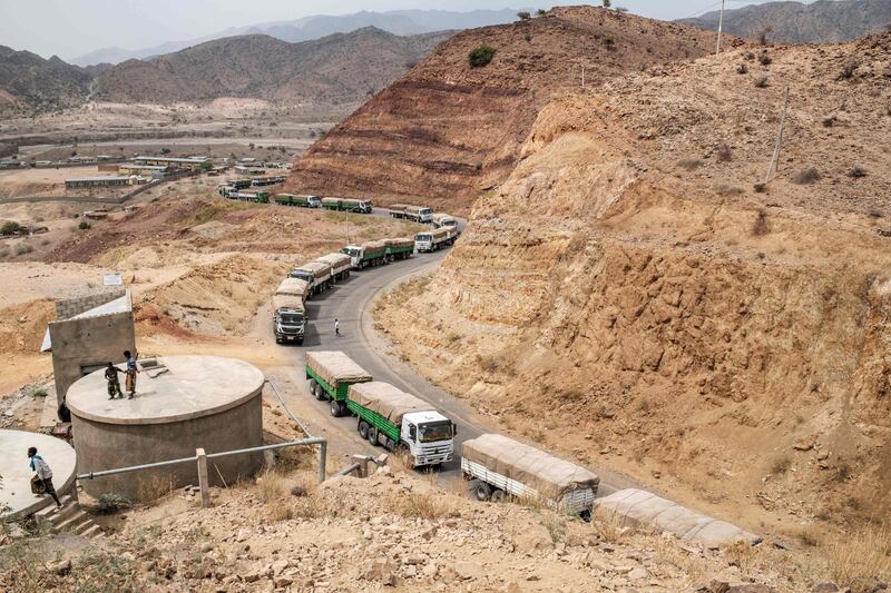 A convoy of lorries from the World Food Programme make their way to Tigray. AFP