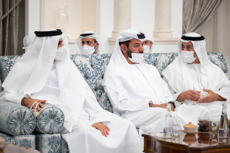 Sheikh Nahyan bin Hamdan, Sheikh Mohamed bin Saif and Sheikh Hilal bin Diab, attend condolences for Sheikh Khalifa at Mushrif Palace. Rashed Al Mansoori / Ministry of Presidential Affairs 