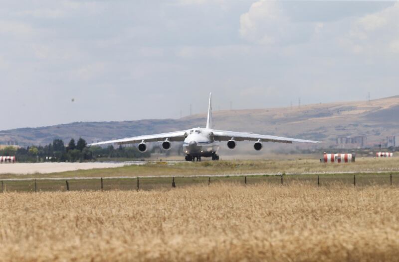 A Russian millitary cargo plane which is carrying some part of the Russian S-400 anti-aircraft missile system purchased from Russia arrived to Turkey at the Akincilar airbase in Ankara, Turkey.  EPA