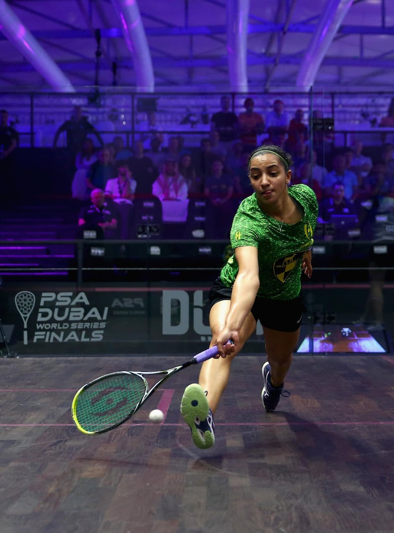 DUBAI, UNITED ARAB EMIRATES - MAY 24:  Raneem El Welily of Egypt competes against Nour El Sherbini of Egypt during day one of the PSA Dubai World Series Finals 2016 at Burj Park on May 24, 2016 in Dubai, United Arab Emirates.  (Photo by Francois Nel/Getty Images)