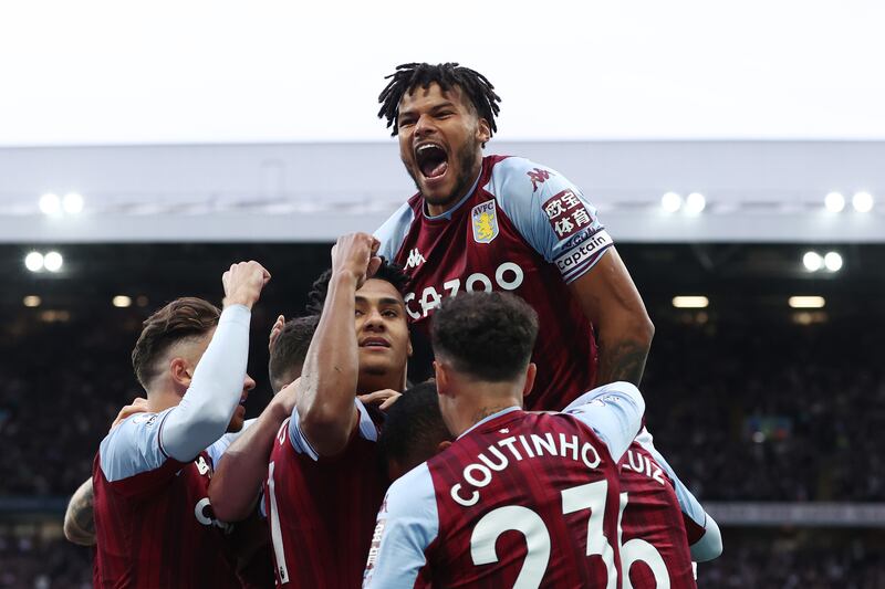 Douglas Luiz and the Villa team after the third minute opener. Getty