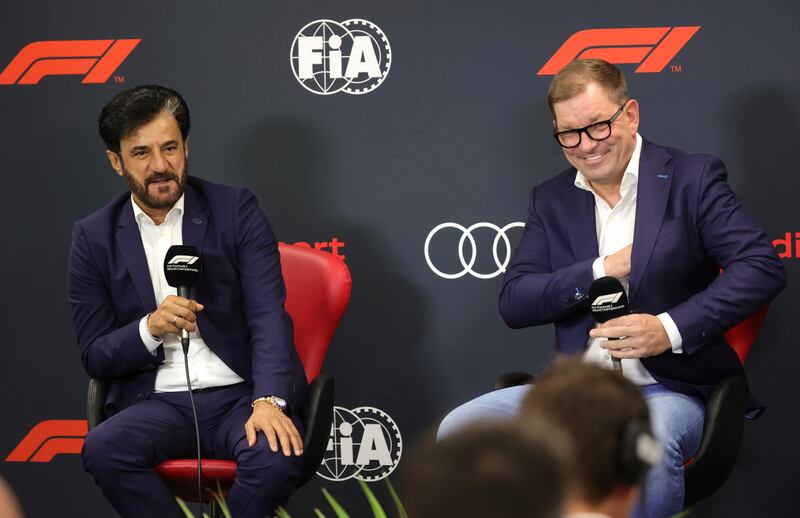 FIA president Mohammed ben Sulayem, left, and CEO of Audi Markus Duesmann address a media conference ahead of the Formula One Belgian GP. AP