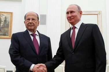 Russian President Vladimir Putin meets with Lebanese President Michel Aoun at the Kremlin in Moscow, Russia March 26, 2019. Reuters
