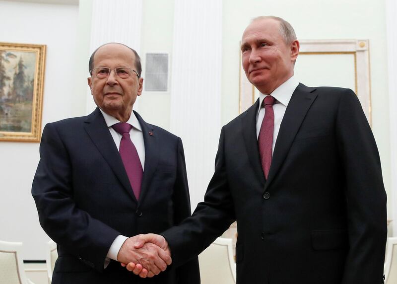 Russian President Vladimir Putin meets with Lebanese President Michel Aoun at the Kremlin in Moscow, Russia March 26, 2019. REUTERS/Maxim Shemetov/Pool