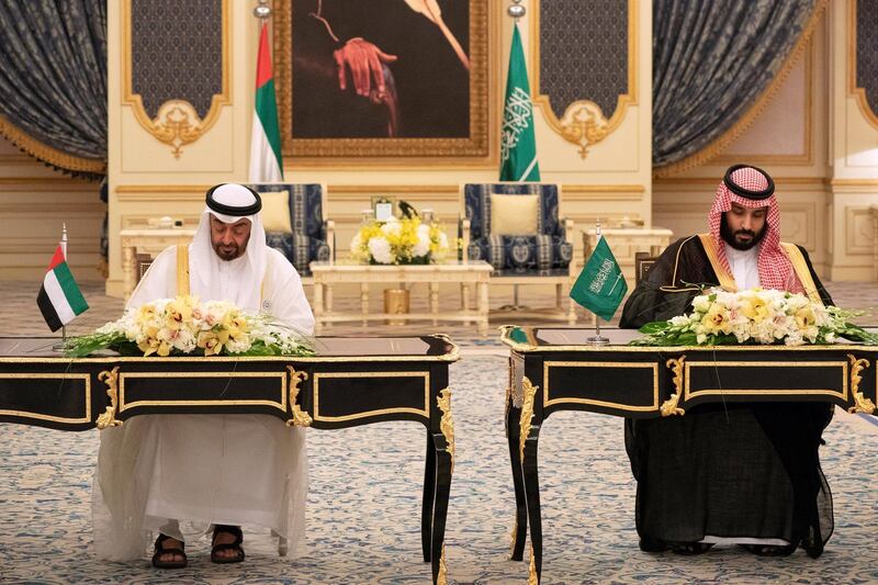 JEDDAH, SAUDI ARABIA - June 06, 2018: Dignitaries attend an MOU signing ceremony at the Royal Court. 
( Hamad Al Kaabi / Crown Prince Court - Abu Dhabi )