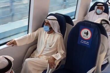 Sheikh Mohammed bin Rashid, Vice President, Prime Minister and Ruler of Dubai, rides the main Dubai Metro link that will connect commuters to the Expo 2020 site. Dubai Media Office