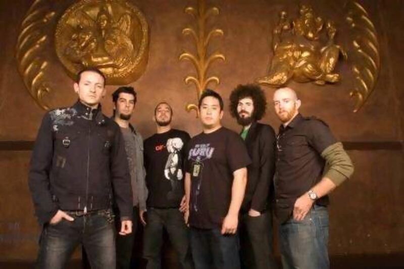 From left, Linkin Park's Chester Bennington, Ron Bourdon, Mike Shinoda, Joe Hahn, Brad Delson and Dave "Phoenix" Farrell. AP Photo