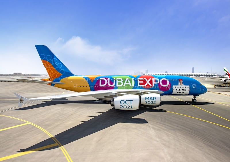 Emirates' expo-themed colourful decal on a A380 features large-scale graphics in vivid green, pink, purple, orange and red. Photo: Emirates