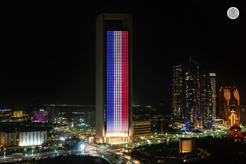 Adnoc headquarters displays the French tricolour on Bastille Day. Courtesy of Abu Dhabi Media Office
