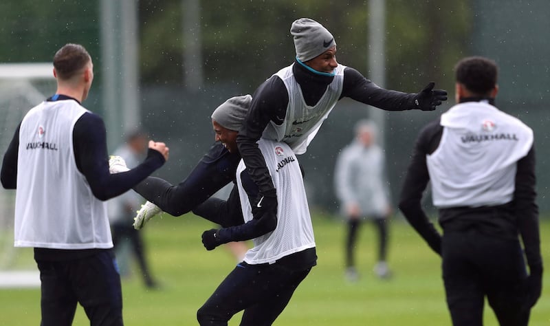 Marcus Rashford and Ashley Young during training. Reuters