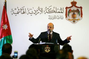 Jordan's Prime Minister Omar Razzaz speaks to the media during a news conference in Amman. Reuters, file