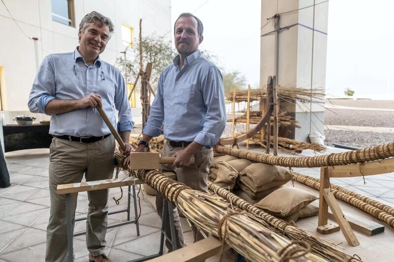 ABU DHABI, UNITED ARAB EMIRATES. 25 APRIL 2019. Robert Parthesius and Eric Staples (LtoR) at NYU Abu Dhabi (NYUAD) during the official launch of a Bronze Age Boat Project. An Experimental Archaeological Reconstruction of a Bronze Age Boat. (Photo: Antonie Robertson/The National) Journalist: Daniel Sanderson. Section: National.