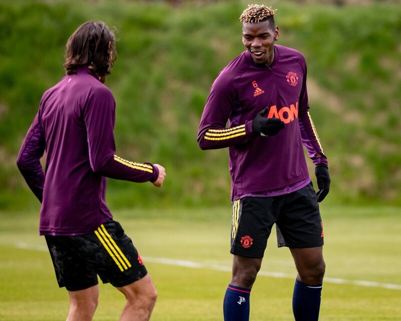 MANCHESTER, ENGLAND - APRIL 14: Paul Pogba of Manchester United in action during a first team training session at Aon Training Complex on April 14, 2021 in Manchester, England. (Photo by Ash Donelon/Manchester United via Getty Images)