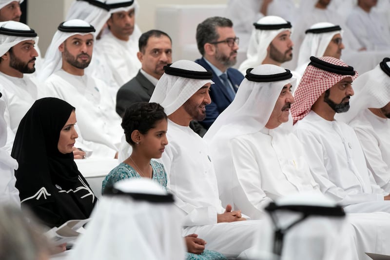 ABU DHABI, UNITED ARAB EMIRATES - May 30, 2018: HH Sheikh Mohamed bin Zayed Al Nahyan Crown Prince of Abu Dhabi Deputy Supreme Commander of the UAE Armed Forces (3rd R), attends a lecture by HE Razan Al Mubarak (not shown) titled, ’For The Love of Nature: Innovative Philanthropy for Species Conservation Worldwide’, at Majlis Mohamed bin Zayed. Seen with HH Sheikh Ammar bin Humaid Al Nuaimi, Crown Prince of Ajman (R), HH Sheikh Saud bin Rashid Al Mu'alla, UAE Supreme Council Member and Ruler of Umm Al Quwain (2nd R), HH Sheikha Salama bint Mohamed bin Hamad bin Tahnoon Al Nahyan (4th R) and HE Dr Amal Abdullah Al Qubaisi, Speaker of the Federal National Council (FNC) (L).

( Mohamed Al Hammadi / Crown Prince Court - Abu Dhabi )
---