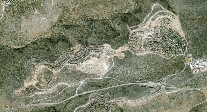 A handout photo made available by the Peace Now organisation showing an aerial view of the Israeli settlement of Leshem-Alei Zahavm in the West Bank.  EPA