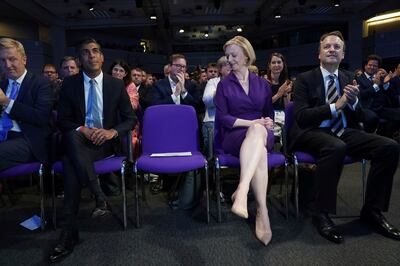 Rishi Sunak and Liz Truss at the Queen Elizabeth II Centre in London on Monday before the former chancellor's defeat was announced. AP
