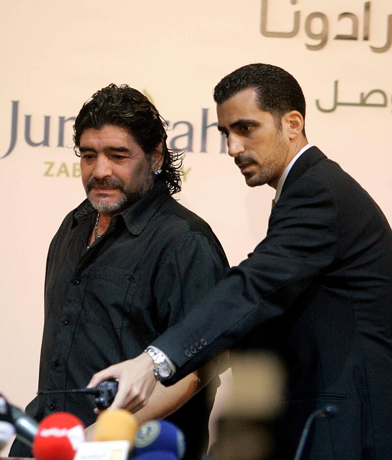 Tariq Al-Sharabi with Diego Maradona at the unveiling press conference at Zabeel Saray. Courtesy Tariq Al-Sharabi