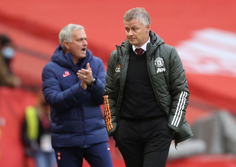 Spurs manager Jose Mourinho, left, and his United counterpart Ole Gunnar Solskaer. Reuters