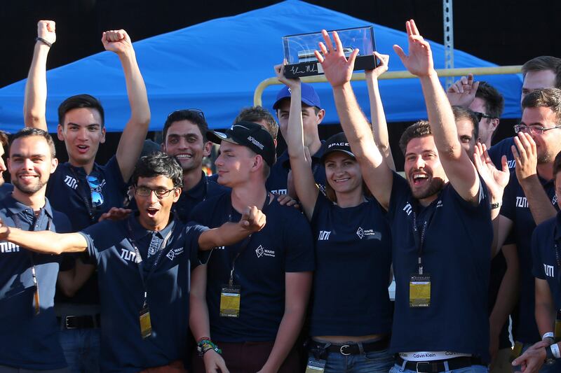 WARR Hyperloop student initiative from the Technical University of Munich, Germany, celebrate winning SpaceX's Hyperloop Pod Competition II in Hawthorne, California. Mike Blake / Reuters