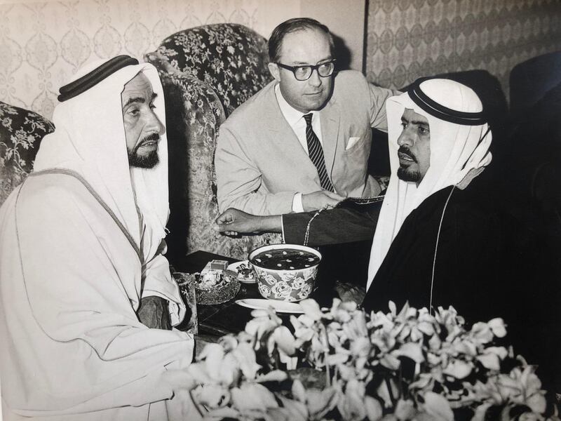 JB Kelly with the Founding President, Sheikh Zayed and the future UAE Minister of Foreign Affairs, Ahmed Al Suwaidi in 1969.