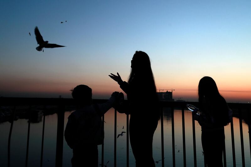 People feed seagulls on a bridge over the Tigris river as the sun sets in Baghdad, Iraq. AP