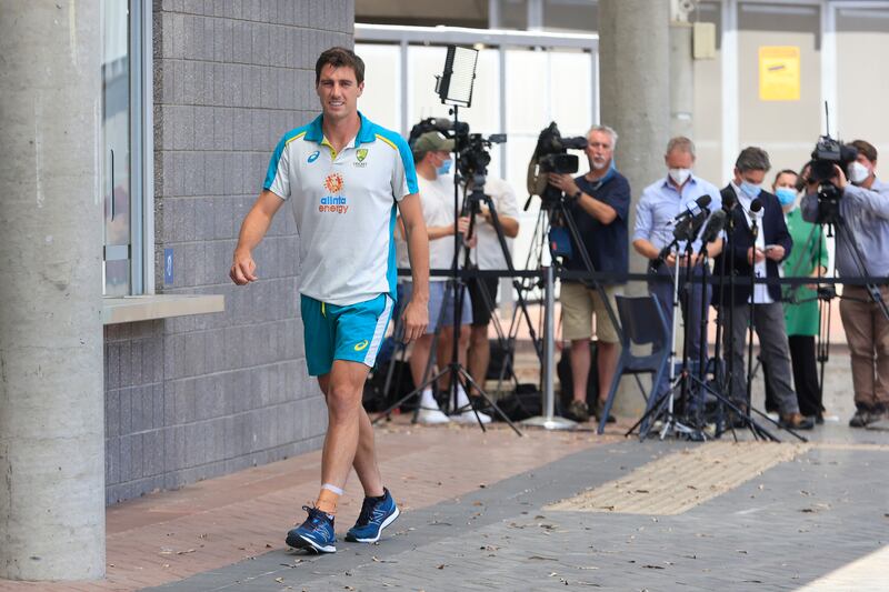 Australia captain Pat Cummins leaves a press conference ahead of a team training session at Stadium Australia on February 09, 2022 in Sydney, Australia. Getty Images