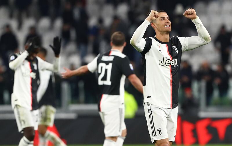 TURIN, ITALY - JANUARY 19:  Cristiano Ronaldo of Juventus celebrates a victory at the end of the Serie A match between Juventus and Parma Calcio at Allianz Stadium on January 19, 2020 in Turin, Italy.  (Photo by Marco Luzzani/Getty Images)