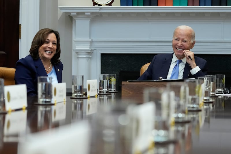 US President Joe Biden and Vice President Kamala Harris during a meeting in the Roosevelt Room of the White House on Monday. AP Photo