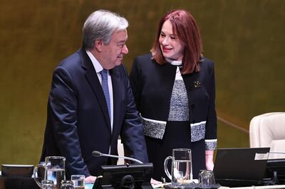 United Nations General Secretary Antonio Guterres (L) and UN General Assembly President Maria Fernanda Espinosa chat before the Mandela Peace summit at the United Nations building in New York on September 24, 2018.  / AFP / Don EMMERT
