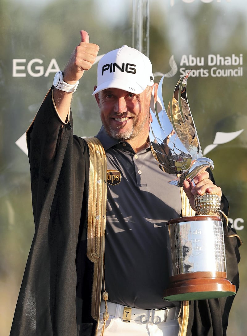 Abu Dhabi, United Arab Emirates - Reporter: Paul Radley and John McAuley: Lee Westwood celebrates winning the Abu Dhabi HSBC Championships. Sunday, January 19th, 2020. Abu Dhabi Golf Club, Abu Dhabi. Chris Whiteoak / The National